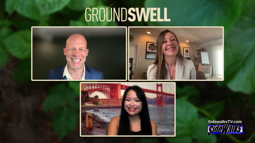 Split screen with hosts Lori Rosales, Josh Tickell and Rebecca Harrell Tickell