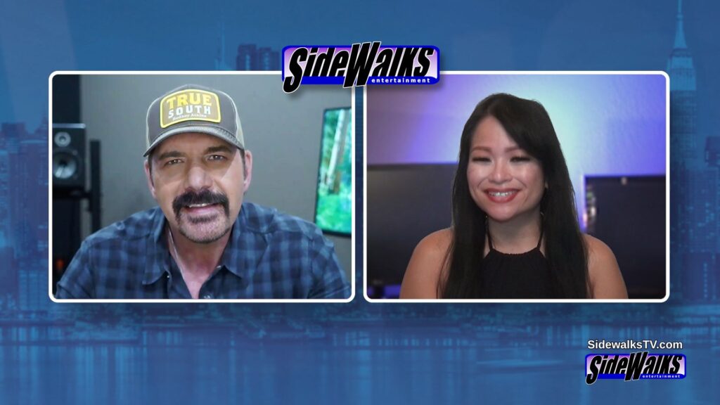 Split screen with Rodney Atkins on the left box and host Lori Rosales on the right box.