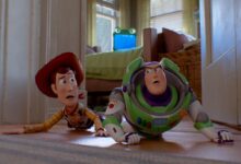 Woody and Buzz Lightyear on the floor.