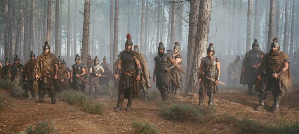 Matt Damon (center) is Odysseus and soldiers