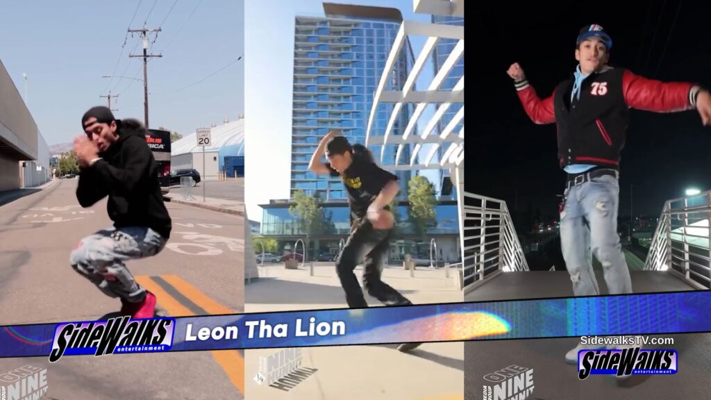 Three way split screen of Leon dancing