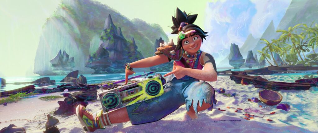 Jo (H.E.R.) sitting with a boombox.