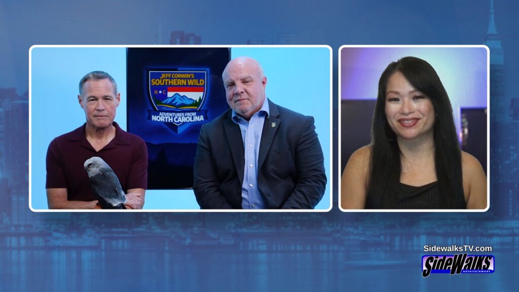 Split screen with Jeff Corwin and Dr. Lee King on left and host Lori Rosales on right.