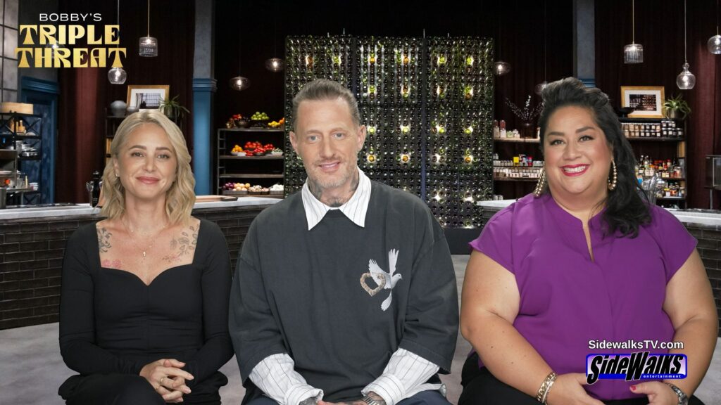 Brooke Williamson, Michael Voltaggio and Ayesha Nurdjaja from Bobby's Triple Threat smiling