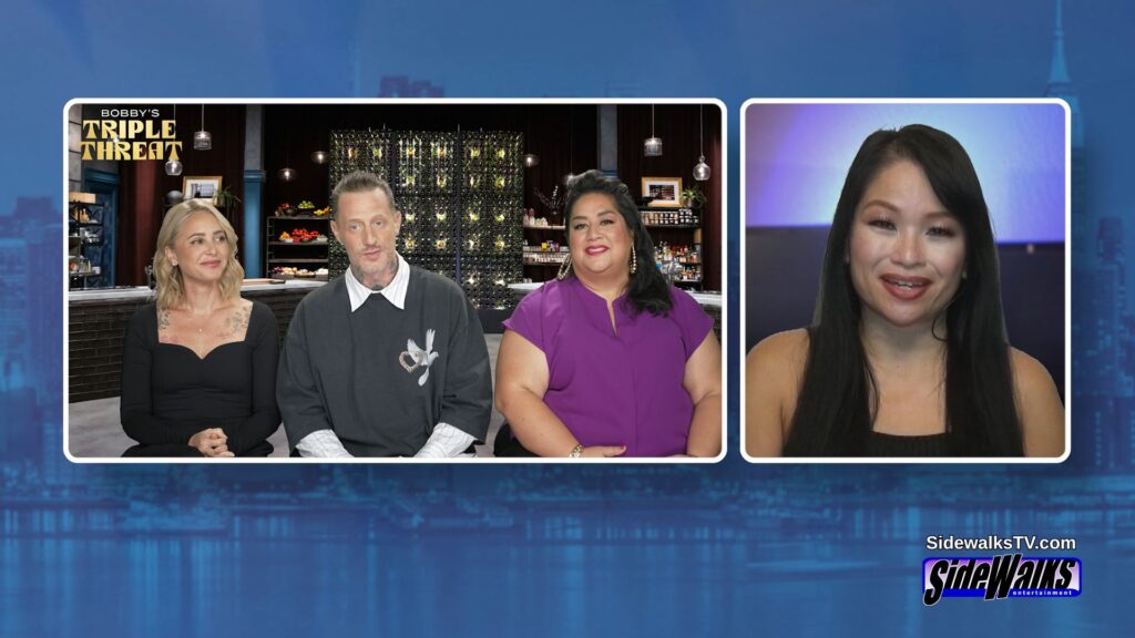 Split screen with Brooke Williamson, Michael Voltaggio and Ayesha Nurdjaja and host Lori Rosales
