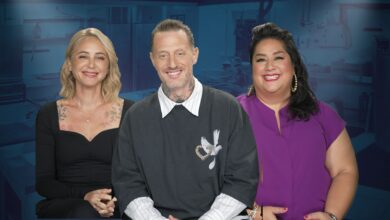 Brooke Williamson, Michael Voltaggio and Ayesha Nurdjaja from Bobby's Triple Threat smiling with a kitchen background.