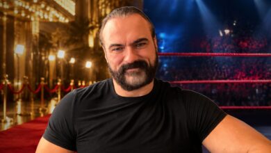 Drew McIntyre with mixture of Hollywood and a wrestling ring in the background.