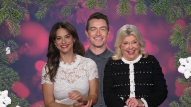 Lyndsy Fonseca, Robert Buckley and Marsha Mason with a holiday background.