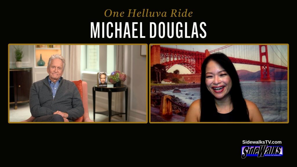 Split screen of Michael Douglas and host Lori Rosales.