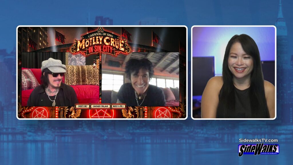 Split screen with Mötley Crüe's Nikki Sixx & Tommy Lee and host Lori Rosales. All laughing.