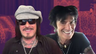 Cutouts of Mötley Crüe's Nikki Sixx & Tommy Lee.