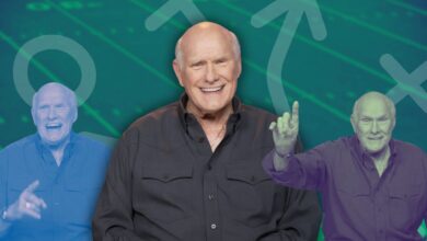 Terry Bradshaw with multiple images of him in front of a football field graphic.