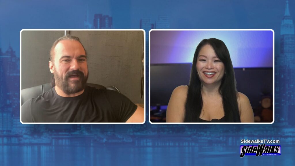 Split screen with Drew McIntyre and host Lori Rosales. Each smiling.